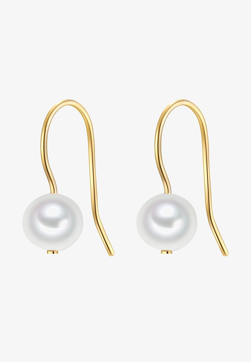 Auksinės kablios auskarai su lygia, apvalia balta perla prie pagrindo, pabrėžiantys minimalistinį dizainą su lakuotu paviršiumi.