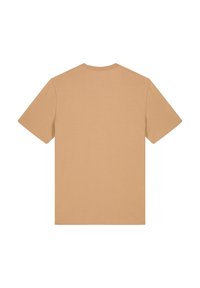 Kurzärmliges T-Shirt in hellem Beige, mit Rundhalsausschnitt und einer glatten, einfarbigen Stofftextur. Rückansicht angezeigt.
