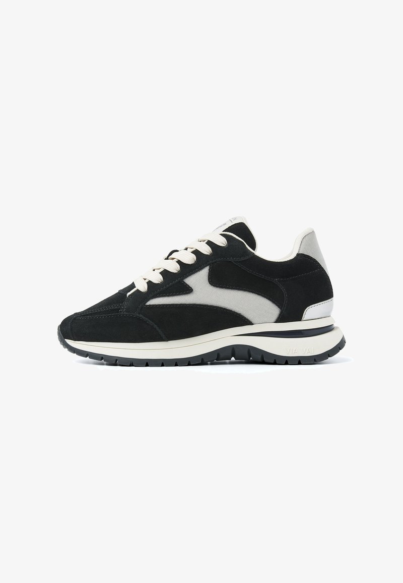 Black and gray suede and mesh sneaker with white laces, cushioned sole, and rugged black rubber outsole.