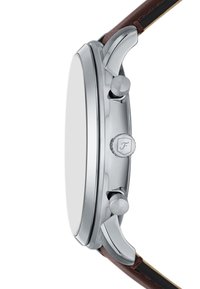 Orologio argento con grande cassa rotonda, due corone a pressione e cinturino in pelle marrone. Il quadrante è semplice e privo di marcature.