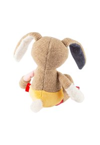 Stuffed animal with a light brown corduroy body, white ear accents, yellow bottom, and pink and white checkered sleeve detail.