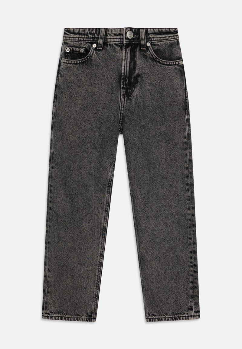 Juodos džinsinės kelnės su tiesiais galiukais, aukštu juosmeniu, penkių kišenių stiliumi ir nežymiu nudėvėjimu. Įeina metalinis mygtukas ir vinys.