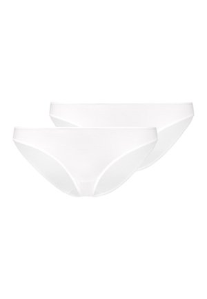 Two plain white women's bikini-cut underwear briefs shown side by side on a white background.