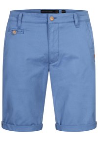 Shorts pour hommes en coton bleu clair avec revers roulés, fermeture à bouton et glissière à l'avant, passants pour ceinture, et une petite poche boutonnée à droite.