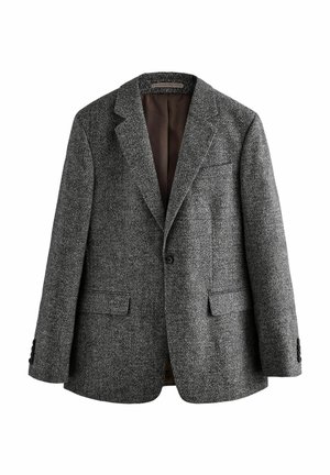 Grau strukturierter Blazer mit zwei vorderen Taschen, Reverskragen und brauner Innenauskleidung. Verfügt über zwei Knöpfe an jedem Ärmel.