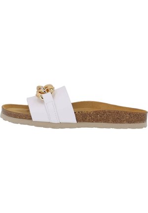 White slide sandal with a cork sole, featuring a gold-toned decorative accent on the strap and a flat, flexible bottom.
