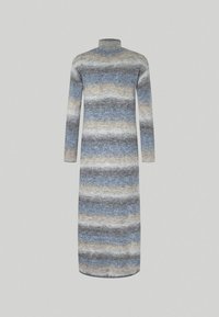 Abito lavorato a maglia con collo alto, caratterizzato da righe orizzontali in blu, grigio, beige e bianco. Maniche lunghe e silhouette dritta.