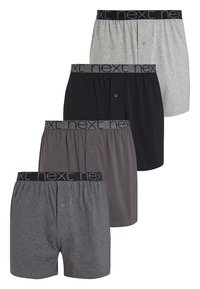 Fyra par herrboxershorts i grått, mörkgrått och svart. Tillverkade av bomull, med en elastisk midja med "next"-logotyp och framknapp.