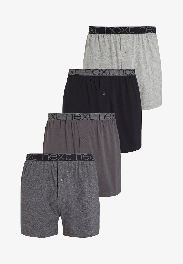 Fyra par herrboxershorts i grått, mörkgrått och svart. Tillverkade av bomull, med en elastisk midja med "next"-logotyp och framknapp.