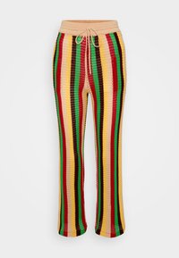 Bunte Strickhose mit vertikalen Streifen in rot, grün, gelb, schwarz und beige, ausgestattet mit einem elastischen Bund und Kordelzug.