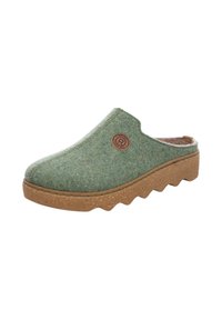 Green felt clogs with a textured surface, brown cork outsole, and a circular logo on the side. Slip-on design with a rounded toe.