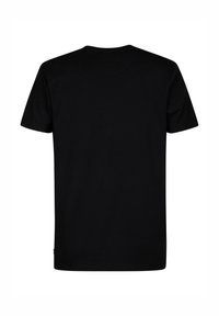 Camiseta de algodón negra con escote redondo, mangas cortas y corte recto. Sin logotipos ni patrones visibles en la parte trasera.