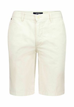 Beige knielange herenshorts met riemlussen, knoop aan de voorkant en gulp met rits, gemaakt van lichtgewicht stof.