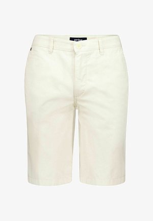 Shorts pour hommes beige jusqu'au genou avec passants pour ceinture, bouton à l'avant et braguette zippée, fabriqués en tissu léger.