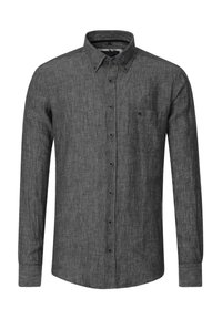 Langärmliges Hemd aus dunkelgrauem Leinen mit Knopfleiste, einer Brusttasche, spitzem Kragen und normaler Passform. Weiche Textur mit feiner Webstruktur.