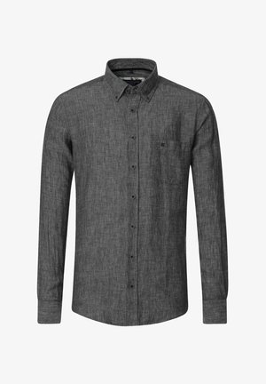 Langärmliges Hemd aus dunkelgrauem Leinen mit Knopfleiste, einer Brusttasche, spitzem Kragen und normaler Passform. Weiche Textur mit feiner Webstruktur.