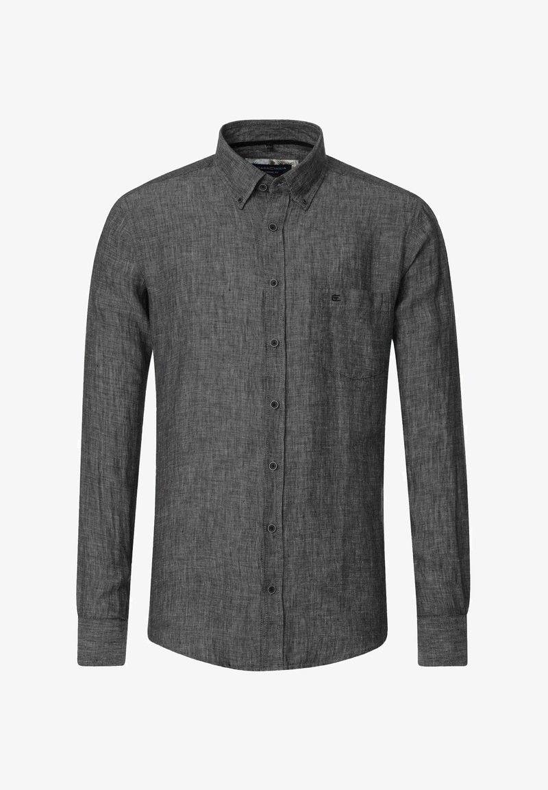 Langärmliges Hemd aus dunkelgrauem Leinen mit Knopfleiste, einer Brusttasche, spitzem Kragen und normaler Passform. Weiche Textur mit feiner Webstruktur.
