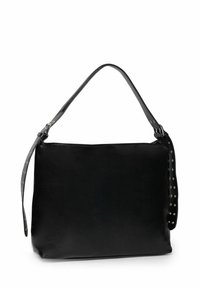 Sac à épaule en cuir noir avec une texture lisse, une seule sangle, et des accents cloutés le long de la sangle. Forme rectangulaire avec un design minimaliste.