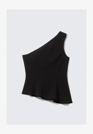 Black, one-shoulder top featuring a fitted bodice that flares out at the waist, made from smooth, stretchy fabric with no visible patterns.
