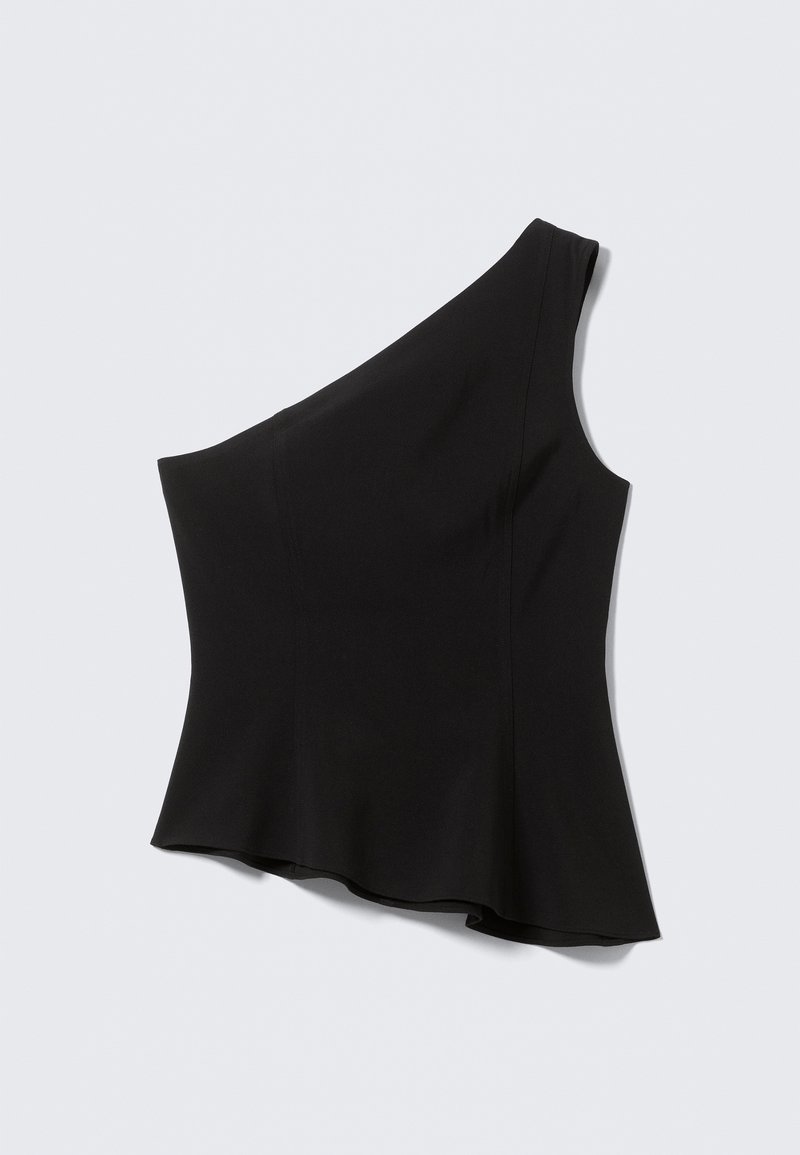 Haut noir à une épaule avec un corsage ajusté qui s'évase à la taille, fabriqué en tissu lisse et extensible sans motifs visibles.