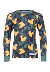 Langarmshirt mit grünem Tarnmuster und gelben Gummienten-Graphics, gerippter Textur und runden Ausschnitt mit grünen Bündchen.