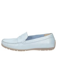 Hellblaue Lederloafers mit glatter Textur, versehen mit einer gestickten Akzentuierung und gestreiftem Gewebe-Futter. Gummi-Sohle für guten Halt.