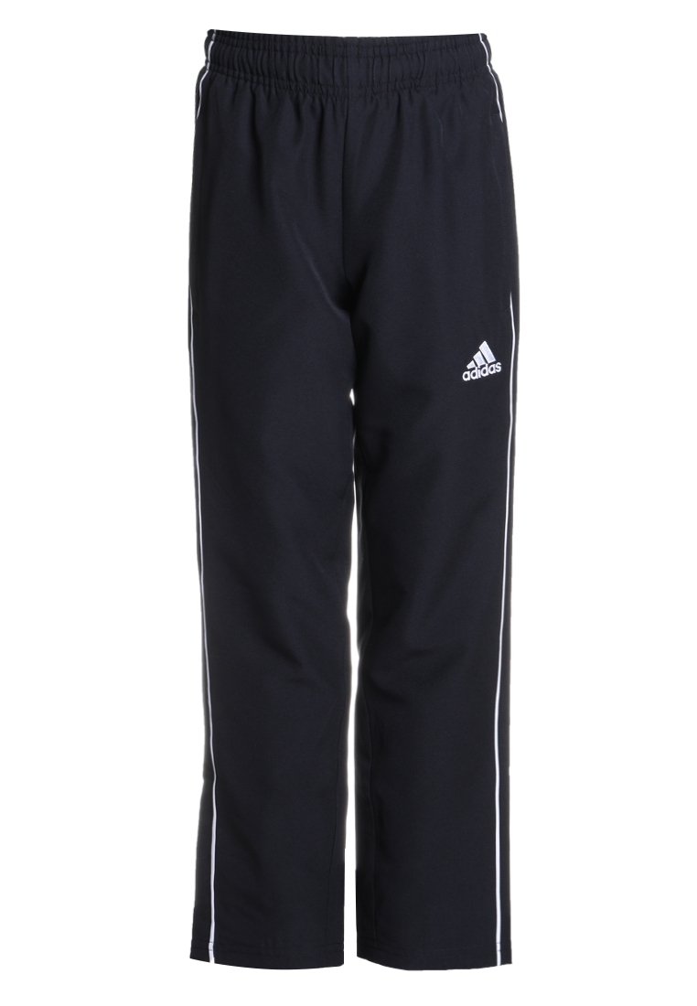 Zwarte sportbroek van synthetisch materiaal, met witte zijstrepen en een elastische tailleband. Bevat een Adidas-logo aan de linkerkant.
