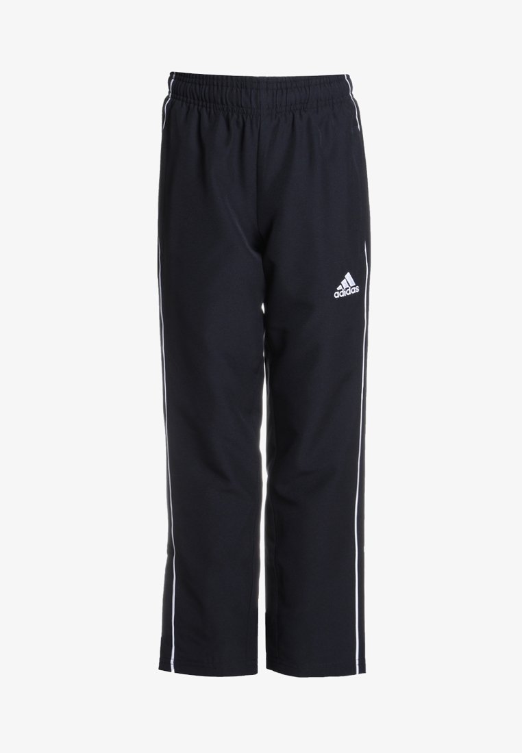 Zwarte sportbroek van synthetisch materiaal, met witte zijstrepen en een elastische tailleband. Bevat een Adidas-logo aan de linkerkant.