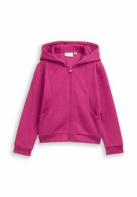 Sweatshirt à capuche rose, avec fermeture zippée à l'avant, poches kangourou, poignets et bas côtelés, fabriqué en tissu doux, avec un design uni.