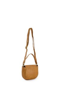 Tan leather crossbody bag with a rounded shape, adjustable shoulder strap, and stitching details for texture.