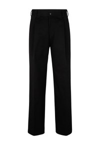 Schwarze Hose mit weit geschnittenem Bein, ausgestattet mit vorderen Falten, einem Reißverschluss und einem Knopfverschluss. Hergestellt aus einem glatten Stoffmaterial.