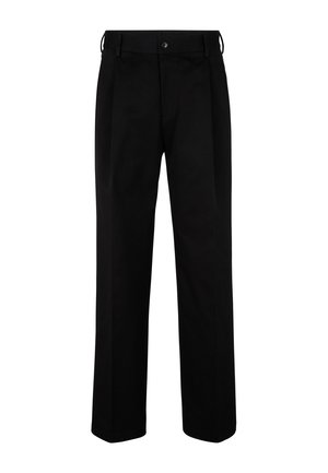 Czarne spodnie o szerokim kroju, z fałdami z przodu, suwakiem i zapięciem na guzik. Wykonane z gładkiego materiału.