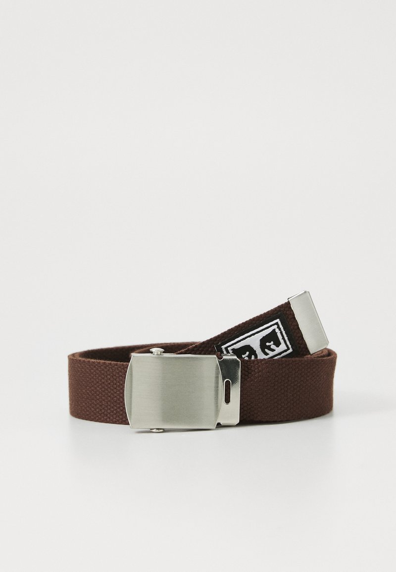Brown woven fabric belt with a silver metal clasp and a black-and-white rectangular logo near the end.