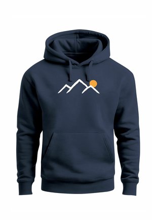 Navyblauer Hoodie mit Kängurutasche, Kordelzugkapuze und weißem Berg- sowie orangener Sonnen-Grafik auf der Brust. Weiches Material, legere Passform.