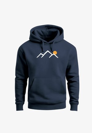 Navy blue hoodie with a kangaroo pocket, drawstring hood, and white mountain and orange sun graphic on the chest. Soft material, casual fit.