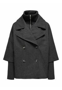 Ciemnoszary płaszcz z mieszanki wełny, z przodu na podwójne guziki, dużymi klapami i krótkimi rękawami z czarnym dzianinowym wstawką przypominającą półgolf.