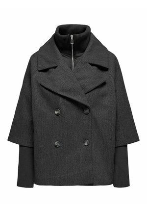 Tmavě šedý kabát z vlněné směsi s dvouřadým zapínáním, velkými klopami a krátkými rukávy s vložkou z černého pleteného stojáčku.