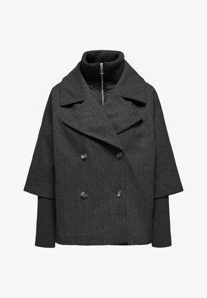 Tmavě šedý kabát z vlněné směsi s dvouřadým zapínáním, velkými klopami a krátkými rukávy s vložkou z černého pleteného stojáčku.