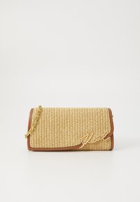 Woven straw clutch bag with a brown leather trim, gold chain strap, and a signature logo detail in gold on the front.