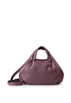 Leather handbag in deep violet, rounded shape, features two short handles and a long adjustable strap, with textured surface and subtle branding.