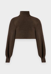 Ruda apkarpa turtlenecko megztinis, turintis briaunotą tekstūrą ir apimtis rankoves, pagamintas iš minkštos, šiltos medžiagos.