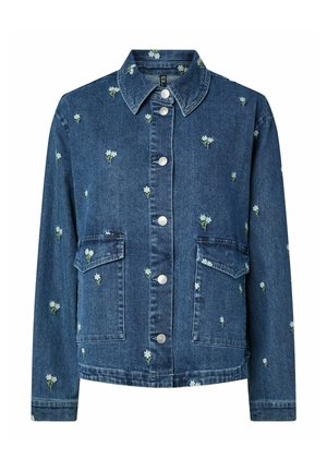 Tmavě modrá džínová bunda s bílou květinovou výšivkou, zapínáním na knoflíky vpředu, dvěma klopovými kapsami a dlouhými rukávy.
