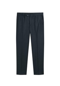 Mørkeblå bukser lavet af glat stof, med en smal pasform, bæltestropper, forlommer og knaplukning. Kun kemisk rens.
