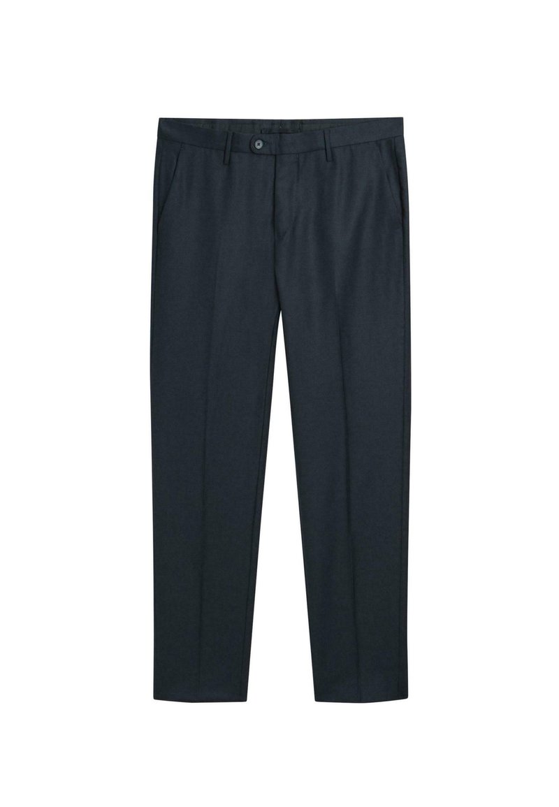 Mørkeblå bukser lavet af glat stof, med en smal pasform, bæltestropper, forlommer og knaplukning. Kun kemisk rens.