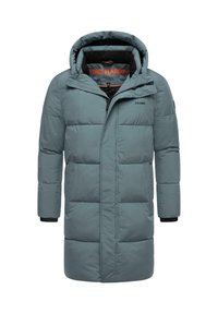 Medium-length, padded jacket in light teal with a hood, side pockets, black trim at the cuffs, and an orange inner lining.