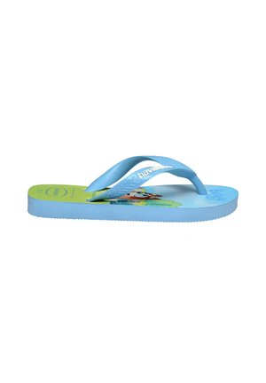 Infradito per bambini blu e verde con stampa di personaggio dei cartoni animati e cinturino blu con testo bianco del nome del marchio.