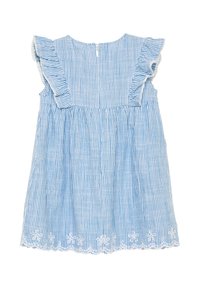 Blaue und weiße gestreifte Baumwollkleid mit Rüschensäumen, gerafftem Taillenzug und weißem gewelltem Spitzenbesatz am Saum. Rückenzipperverschluss.