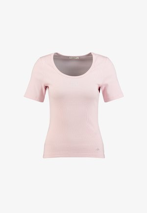 Hellrosa kurzärmeliges, geripptes T-Shirt mit Rundhalsausschnitt und kleinem weißen besticktem Schriftzug auf der Brust.