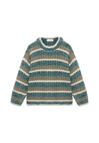 Pleteni pulover z vodoravnimi črtami v barvah teal, bež in bele. Okrogla izrezana ovratnica z gumbi na rami. Tekstilirana tkanina.