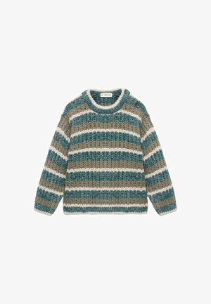 Pull en tricot avec des rayures horizontales en bleu sarcelle, beige et blanc. Encolure ronde avec des accents de boutons sur l'épaule. Tissu texturé.